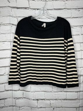 Pact Women Classic Fine Knit Wide Neck Sweater Size M Gray Tan Stripe 3/4 Sleeve